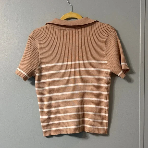 đź–¤Grace Karin Women's Button Down Tan and White Striped Light Cardiganđź–¤ - Picture 2 of 4